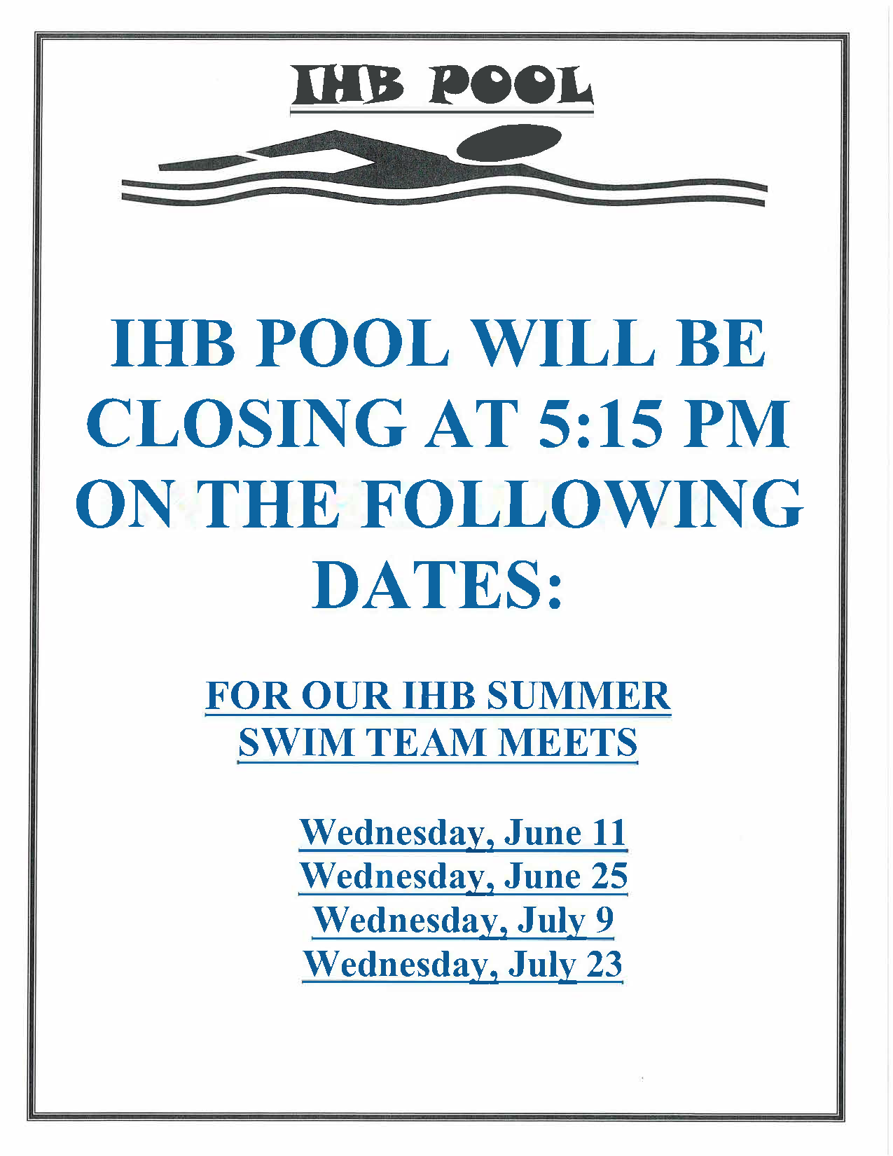 Pool Closed for Swim Meets